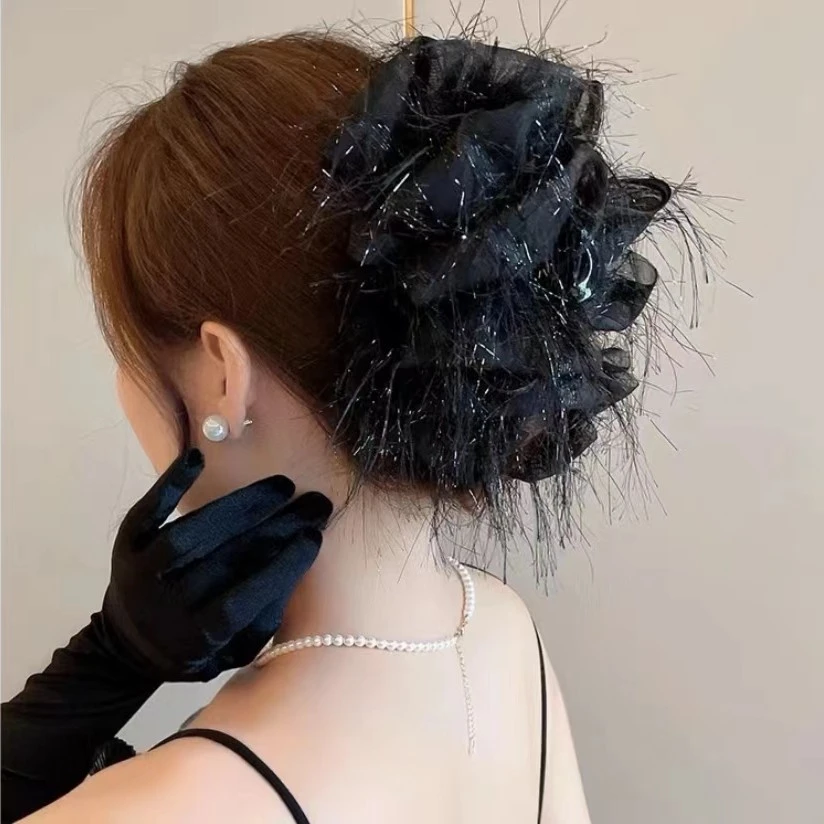 网红新款双面云朵超大号羽毛大抓夹网红超仙头饰黑色显发量多发饰