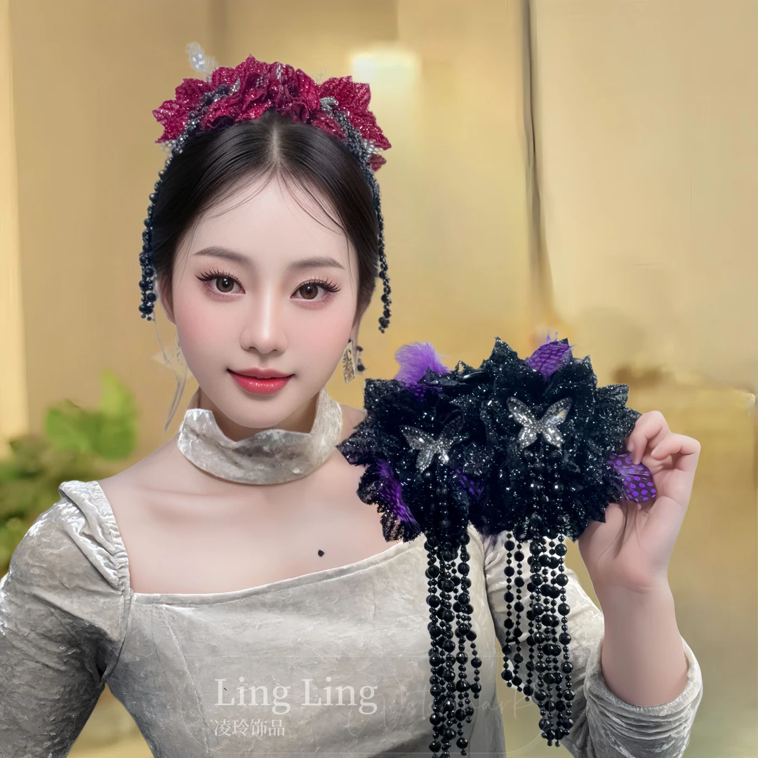 原创小众设计冬季新款长流苏小蝴蝶超大花朵大抓夹优雅气质鲨鱼夹