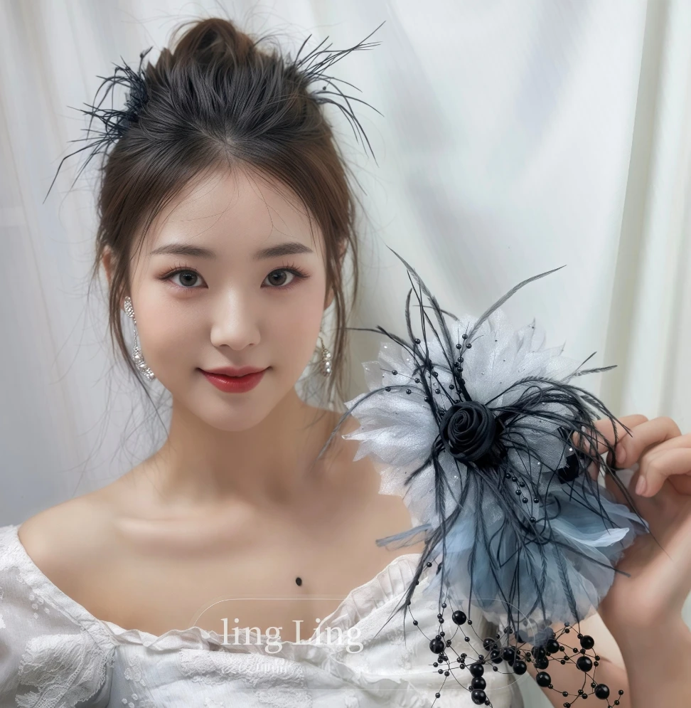 夏季新品气质超仙玫瑰薄纱羽毛流苏超大抓夹百搭仙女鲨鱼发夹头饰