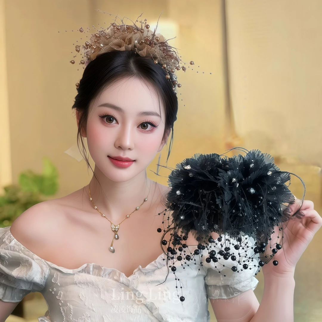 秋冬新款韩式双花朵羽毛超大号抓夹气质网红美拉德百搭鲨鱼夹头饰