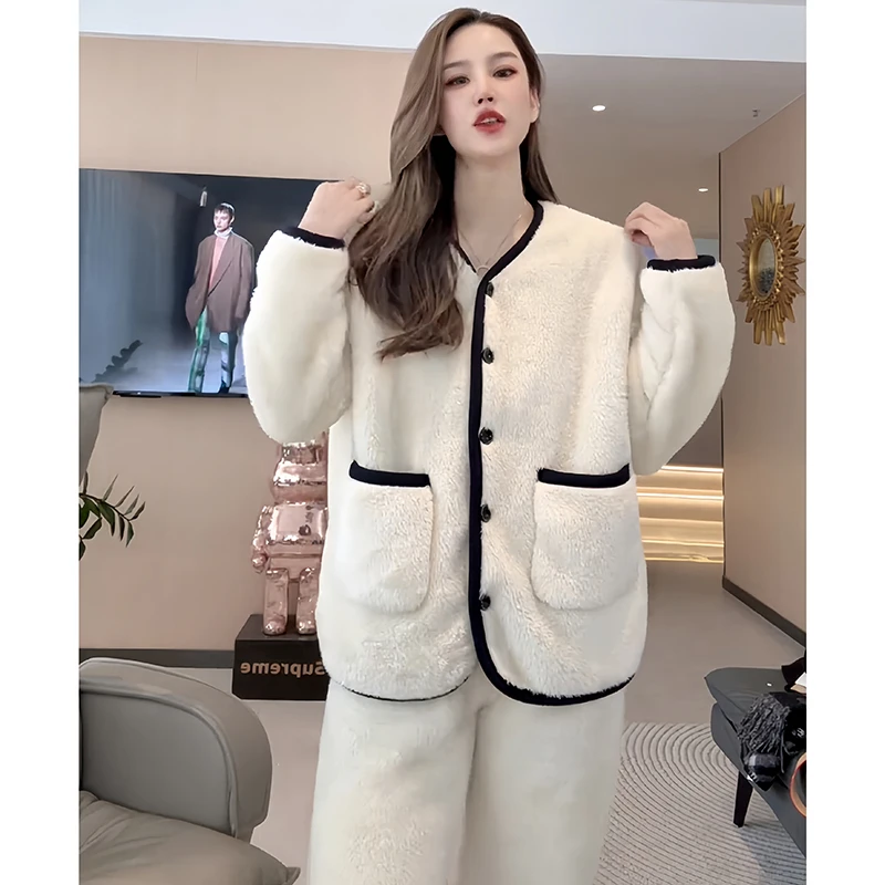 双面绒V领睡衣女秋冬加厚加绒时尚简约保暖珊瑚绒休闲家居服套装