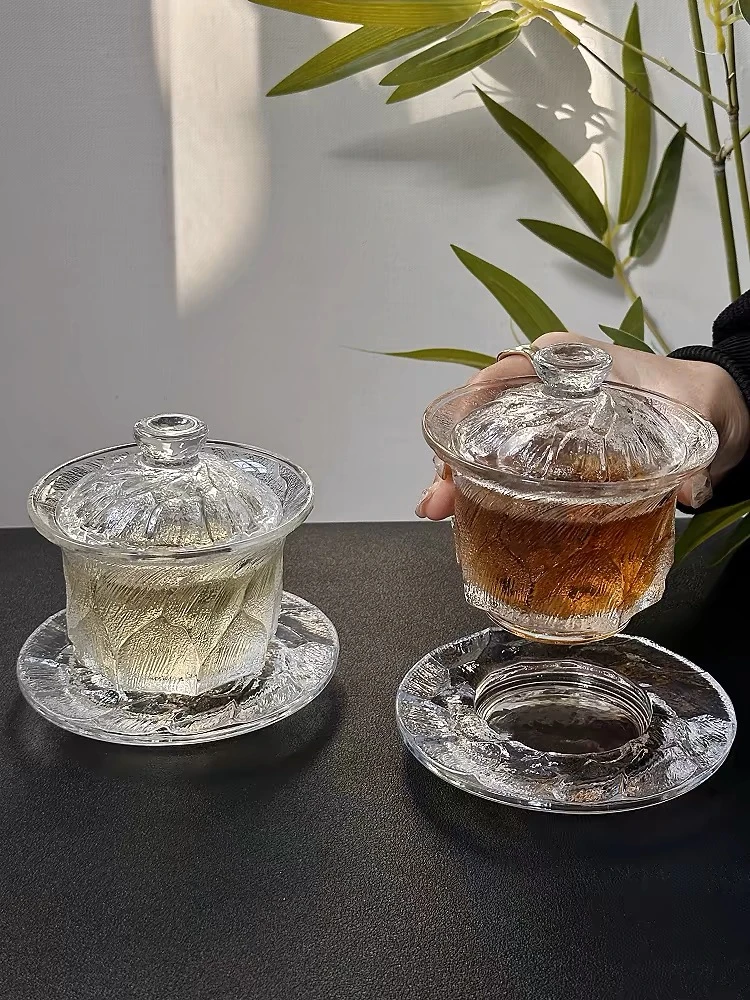 中式三才盖碗家用高颜值玄冰纹杯碟套装客厅待客杯创意茶道玻璃杯