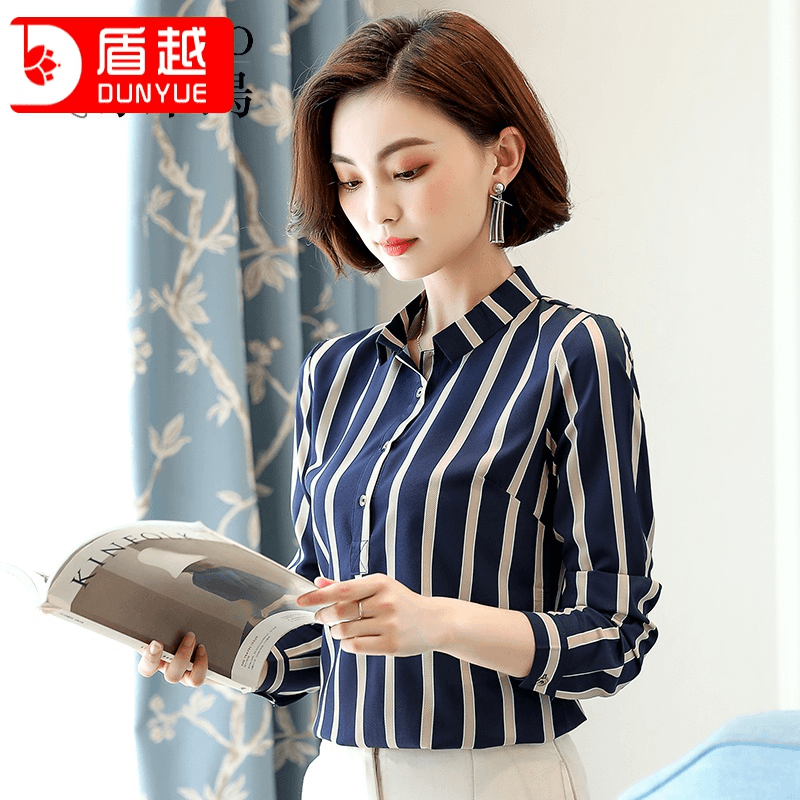 啄木鳥2023秋冬新款竖条纹雪纺加绒衬衫女长袖衬衣打底衫气质通勤
