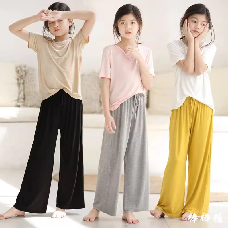 儿童莫代尔薄款纯色垂感短袖T恤休闲裤宽松直筒阔腿裤中大女童夏