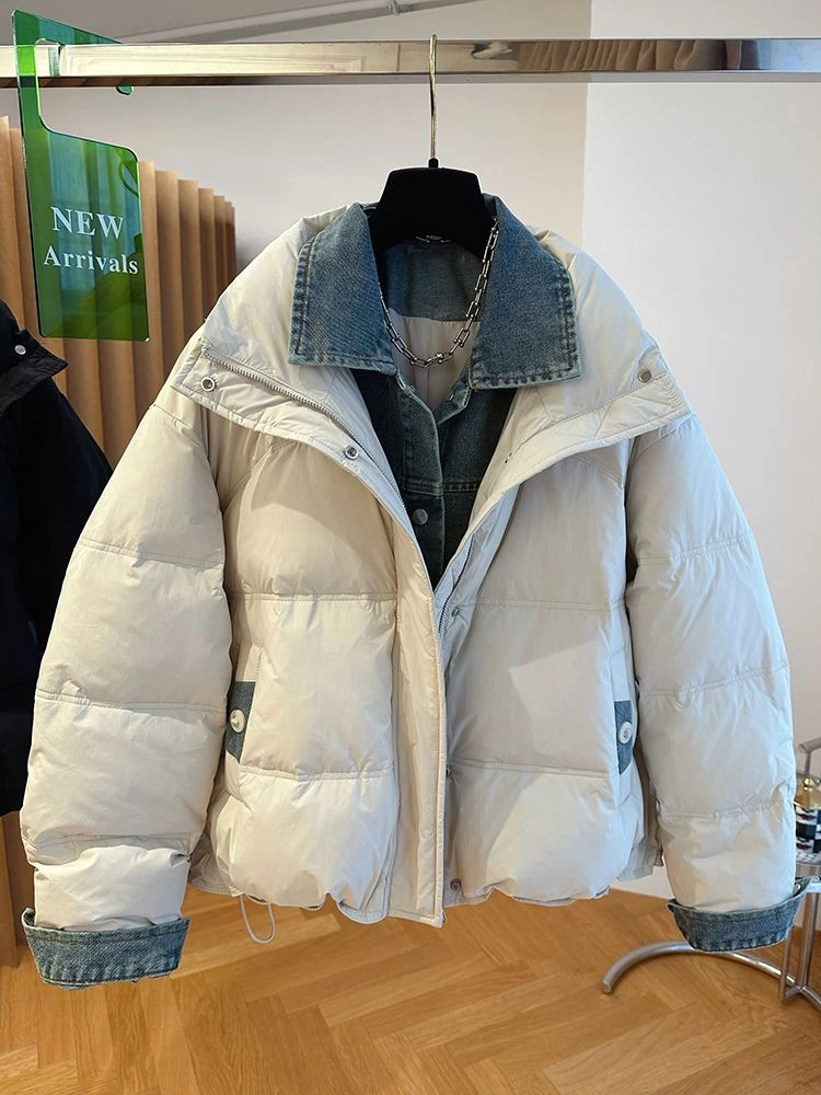 秋冬新款2023欧货宽松休闲牛仔拼接假两件羽绒服女冬季短款面包服