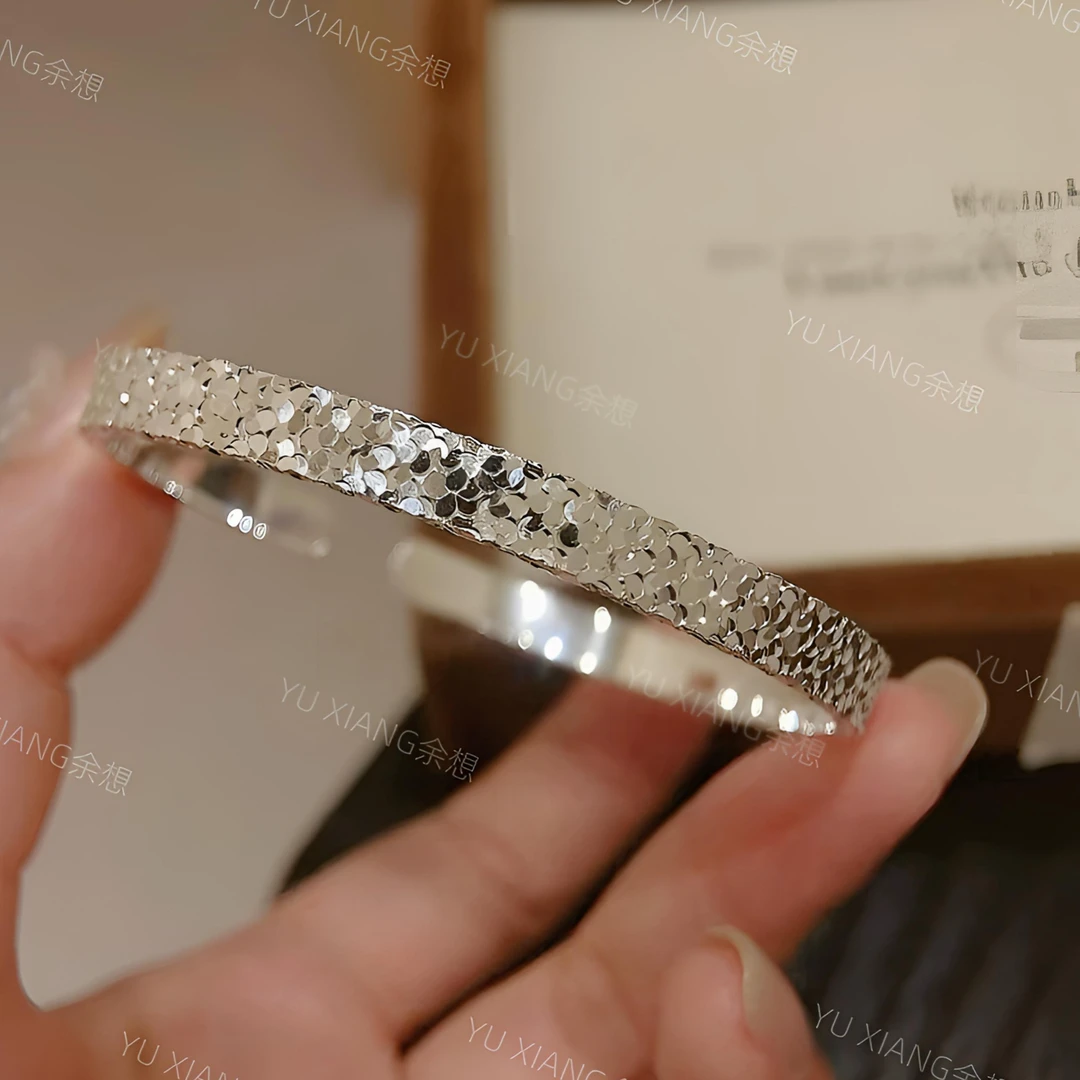足银手镯 足银999.9银色超闪锤纹碎碎冰精致开口纯银手镯-25g左右