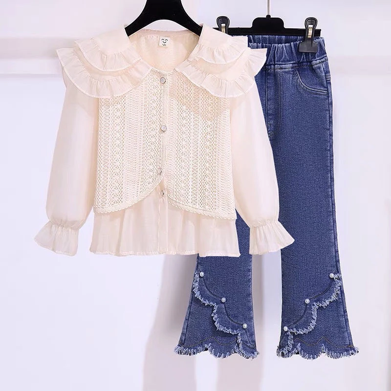 女童套装毛边微喇牛仔裤子春秋新款女修身韩版洋气儿童牛仔喇叭裤