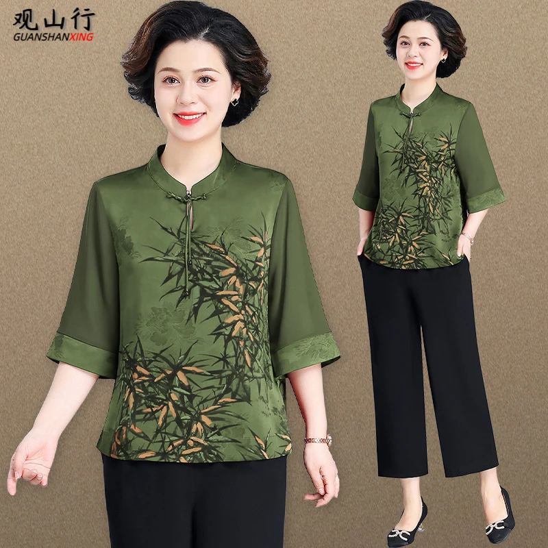 中国风妈妈夏装套装洋气高贵奶奶雪纺小衫中老年人女夏季短袖上衣