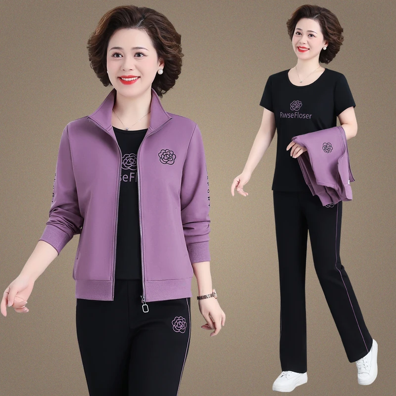 中年妈妈休闲运动服套装女春秋时尚洋气中老年女装外套三件套显瘦