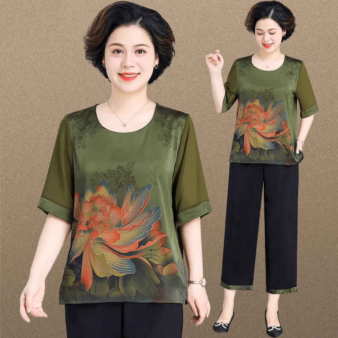 胖妈妈夏装套装雪纺衫加肥加大码中老年人宽松休闲时尚女装两件套