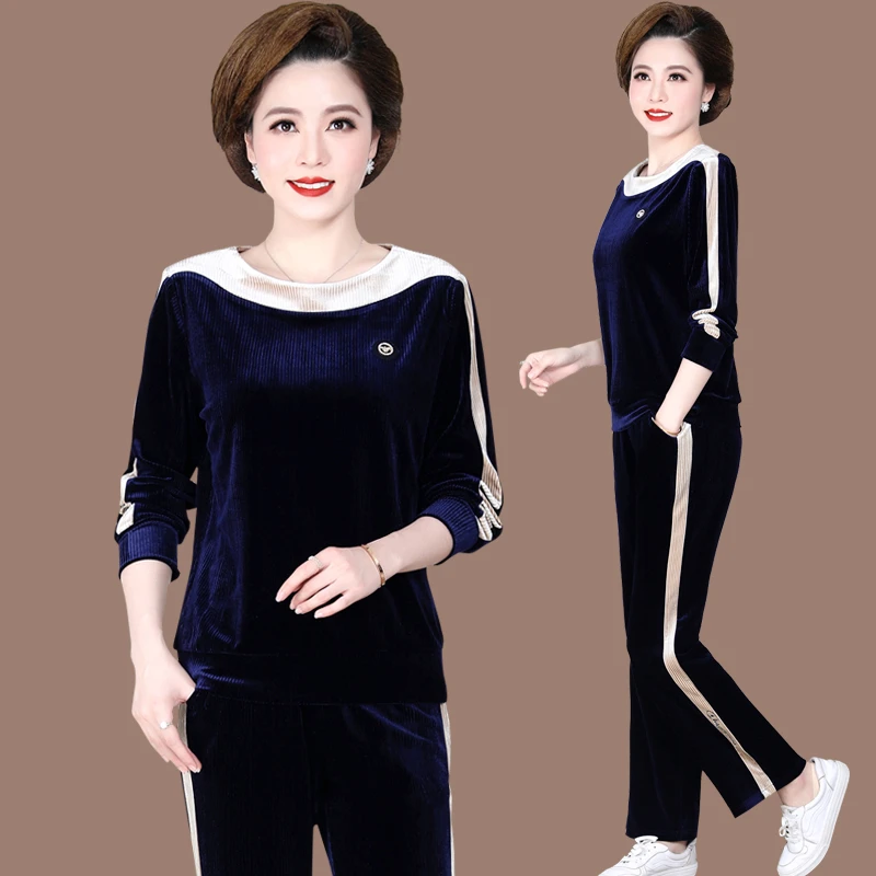 中年妈妈春秋装休闲套装运动服女卫衣两件套中老年灯芯绒长袖上衣