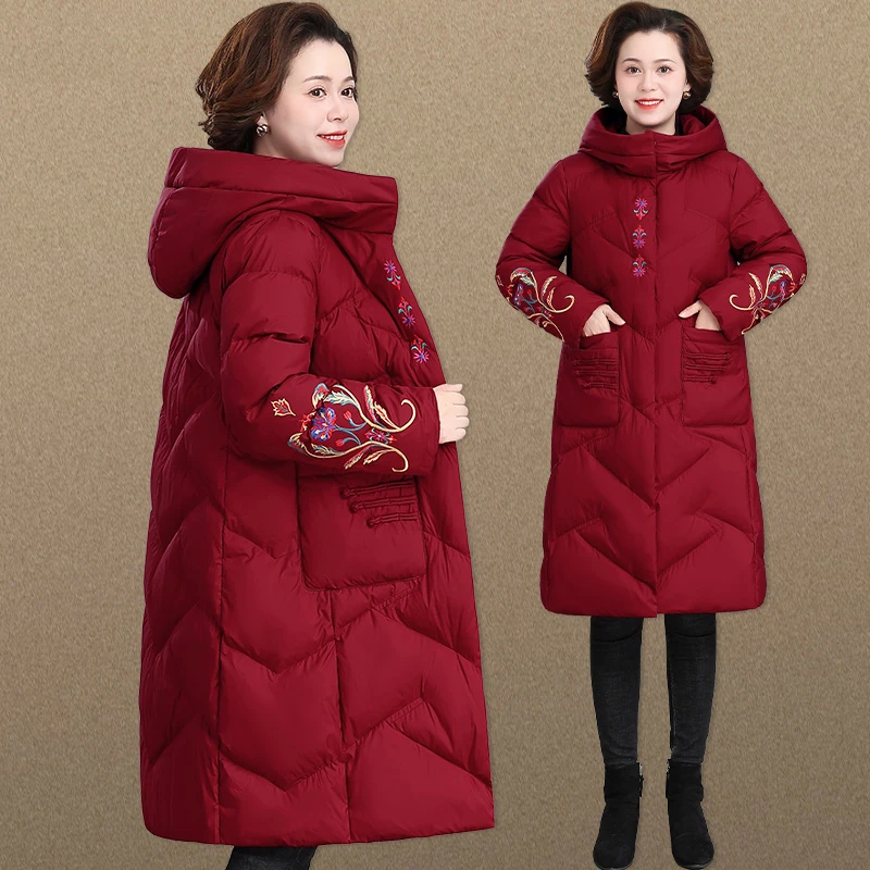 妈妈民族风绣花加厚棉服冬装中长款棉衣中老年女秋冬大码棉袄外套
