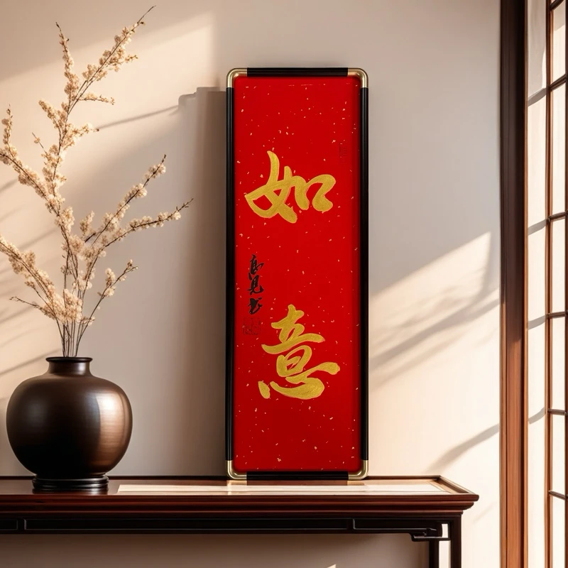 《如意》高见书法作品竖款带框70*25厘米红底金墨