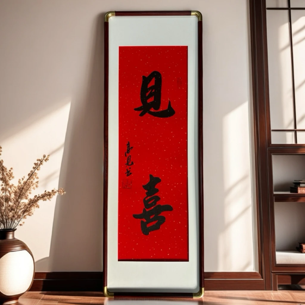 【见喜】高见书法作品竖款带框90*30厘米黑墨