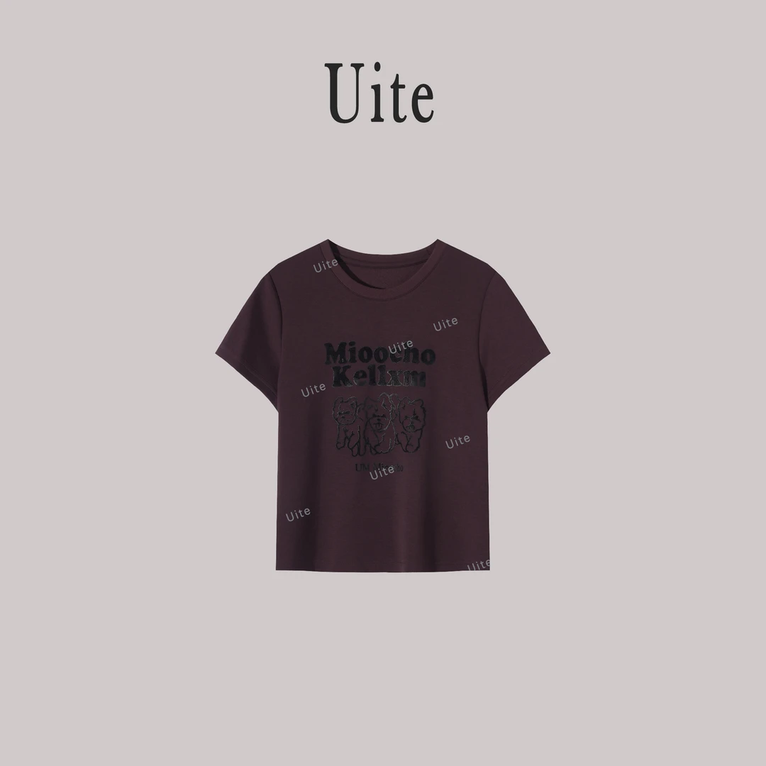 Uite植绒英文小狗显瘦百搭休闲短袖T恤M-UT 11326
