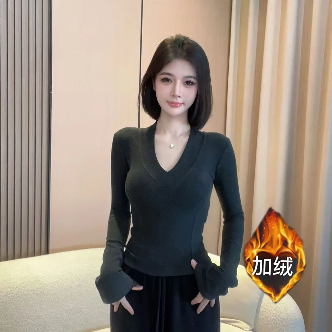 早秋新款磨毛加绒长袖T恤纯欲高级感V领修身显瘦内搭上衣女打底衫