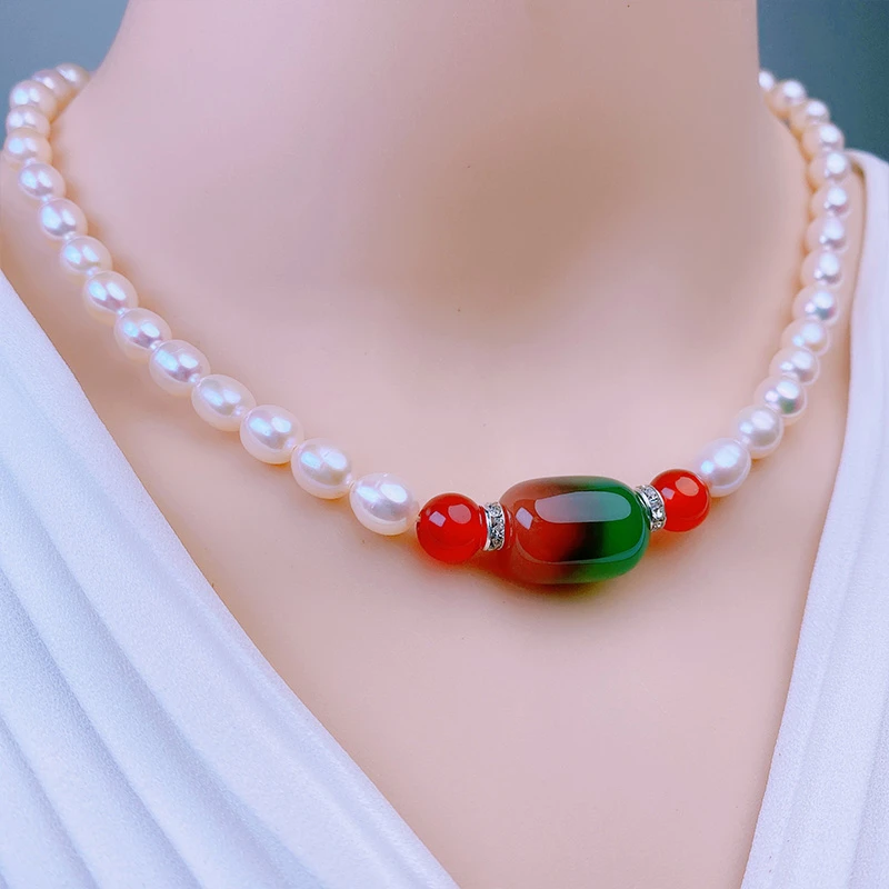 近无暇淡水珍珠项链7-8mm米珠强光银扣【路路彩】气质轻奢复古