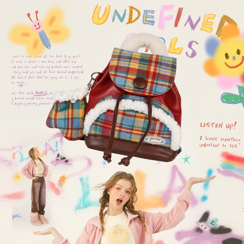 LOLA DESIGN美拉德毛绒小背包 纽扣少女双肩包秋冬毛呢小香风包包