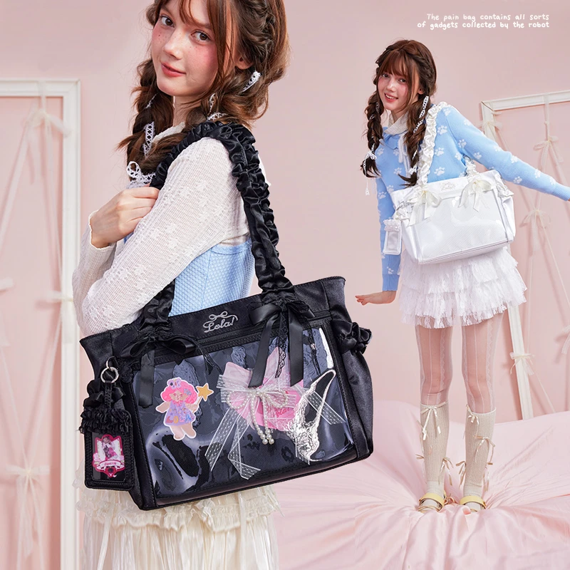 LOLA DESIGN艾米莉丝带单肩痛包 日系少女原创设计休闲缎面托特包