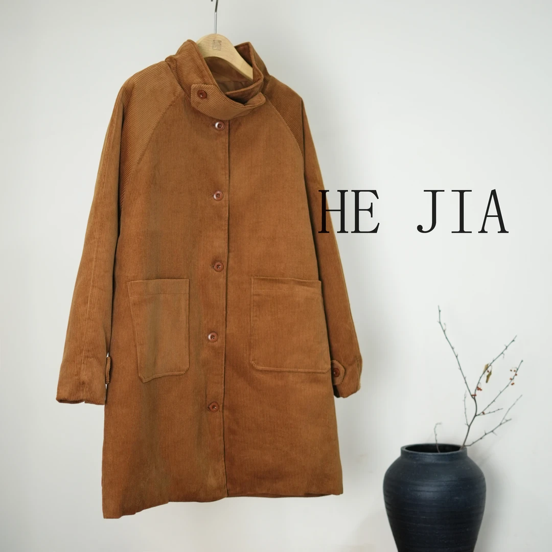 和家2024新款女装立领灯芯绒中长款简约羽绒外套-2637