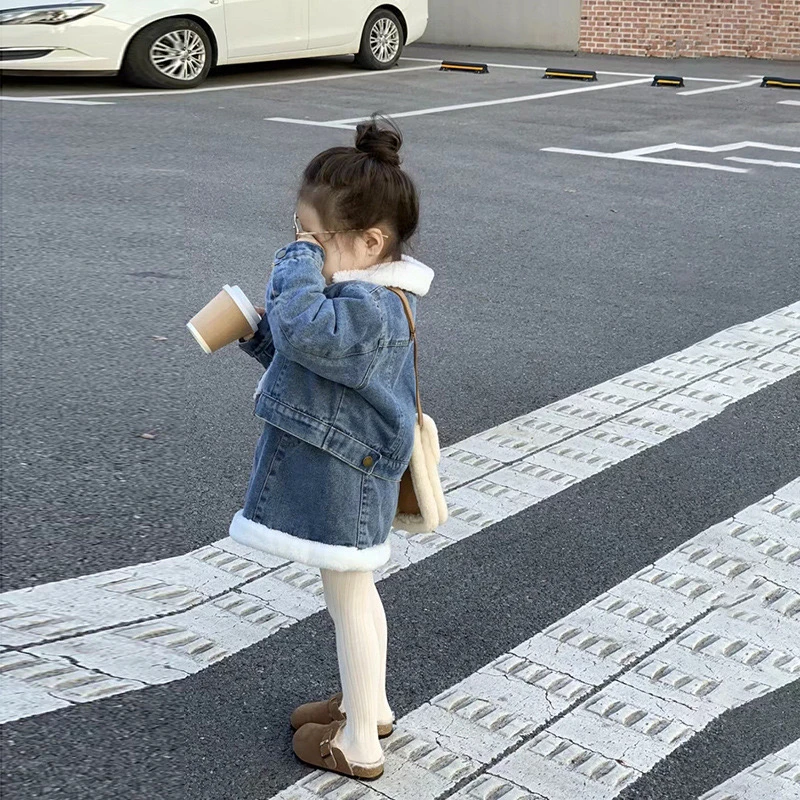 女童秋冬装新款韩版牛仔套装裙时尚洋气加厚保暖外套半身裙两件套