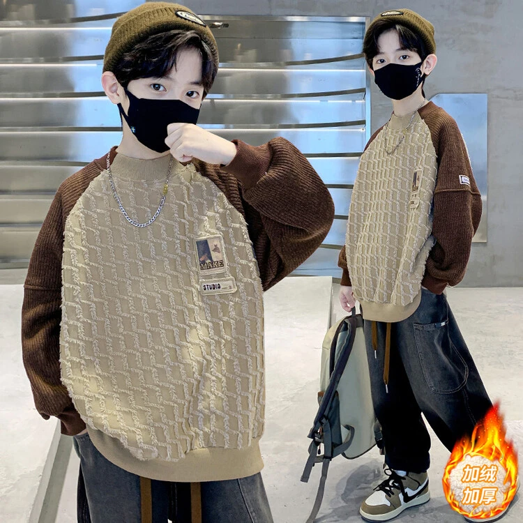 男童冬装大童卫衣加绒加厚秋冬款2023新款儿童冬季一体绒上衣洋气