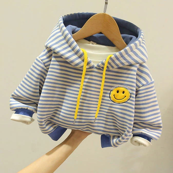 秋冬季新款洋气男童加绒条纹刺绣帅气百搭男宝宝外套连帽卫衣潮