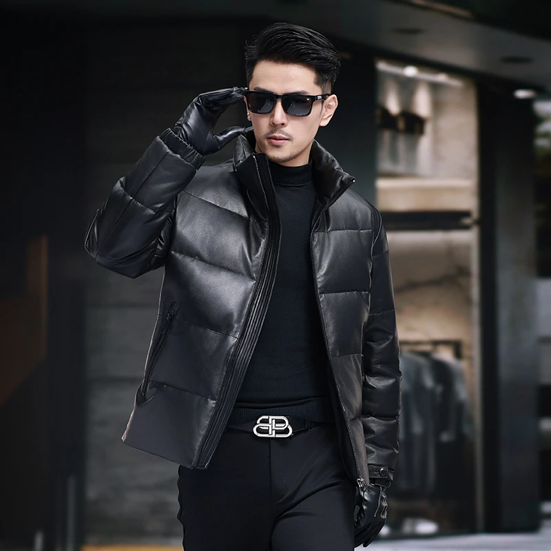 断码冬季保暖海宁真皮皮衣男士面包立领加厚鹅绒羽绒服夹克厚外套