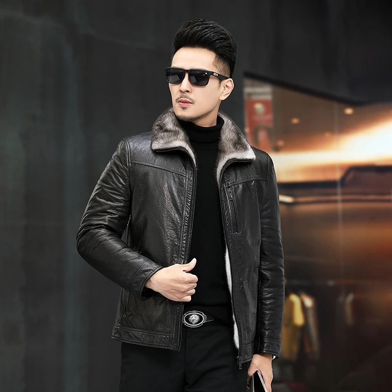 9425皮衣男真皮十字水貂整貂内胆头层牛皮夹克皮毛一体皮草外套冬
