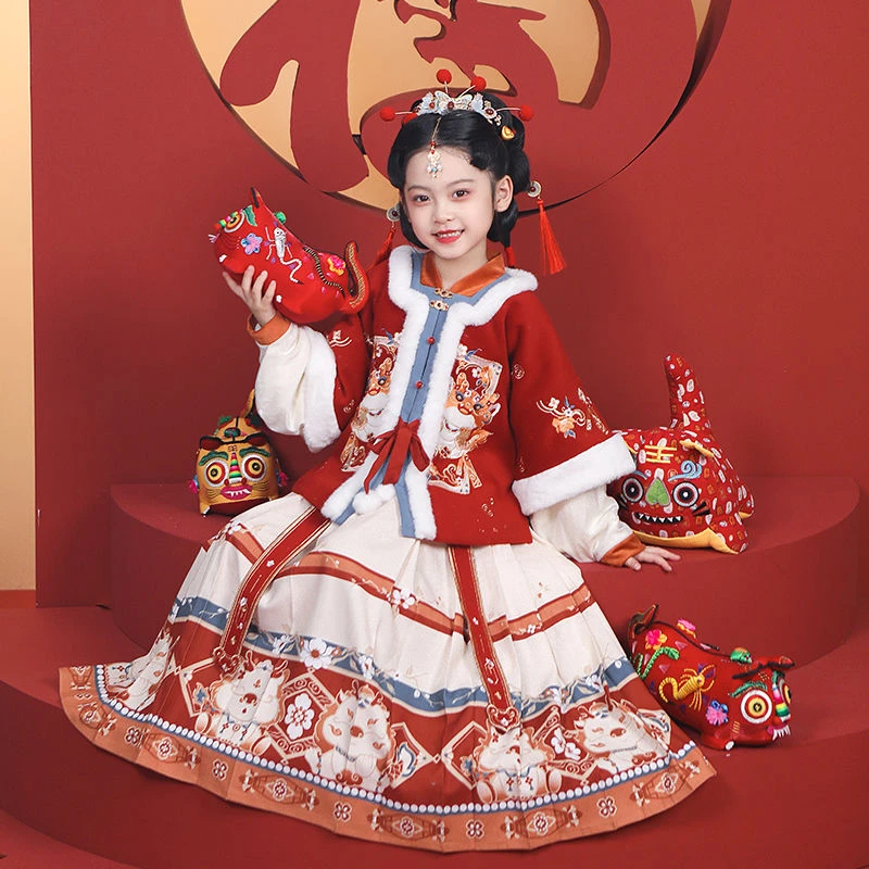 女童汉服拜年服加厚冬季古装中国风儿童马面裙唐装过年服女孩冬装