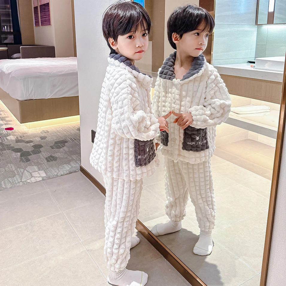 秋冬季男童保暖珊瑚绒儿童睡衣法兰绒居家服男孩宝宝加绒加厚套装