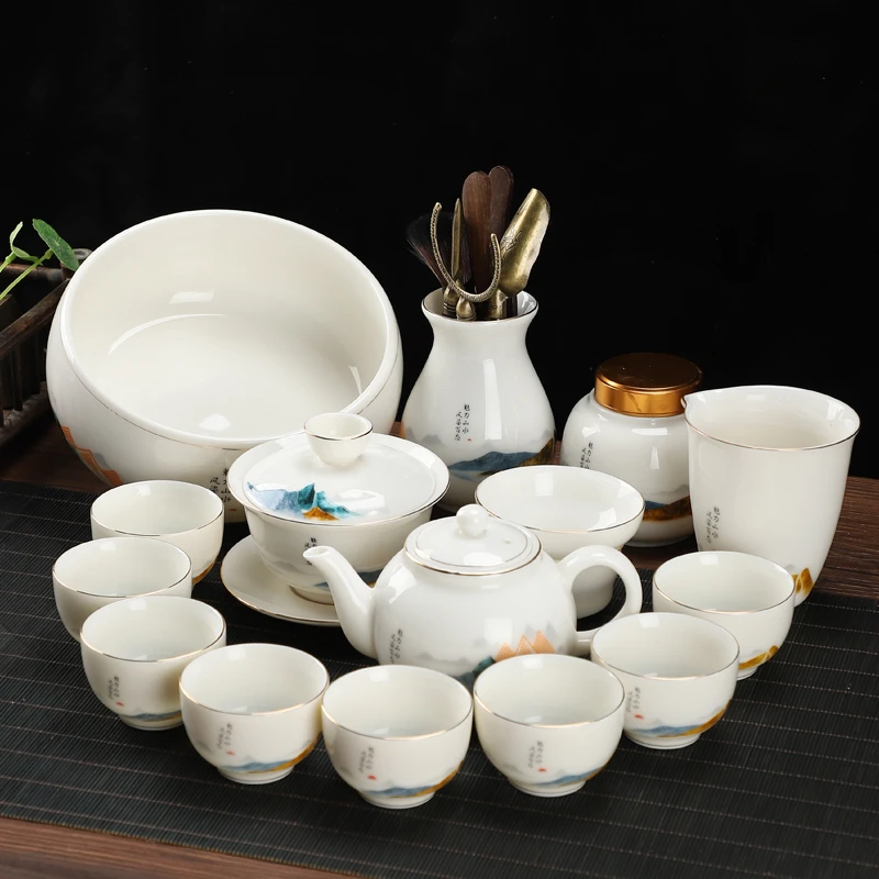 羊脂玉高端茶具套装全套泡茶套组高档简约陶瓷茶道摆件茶壶盖碗