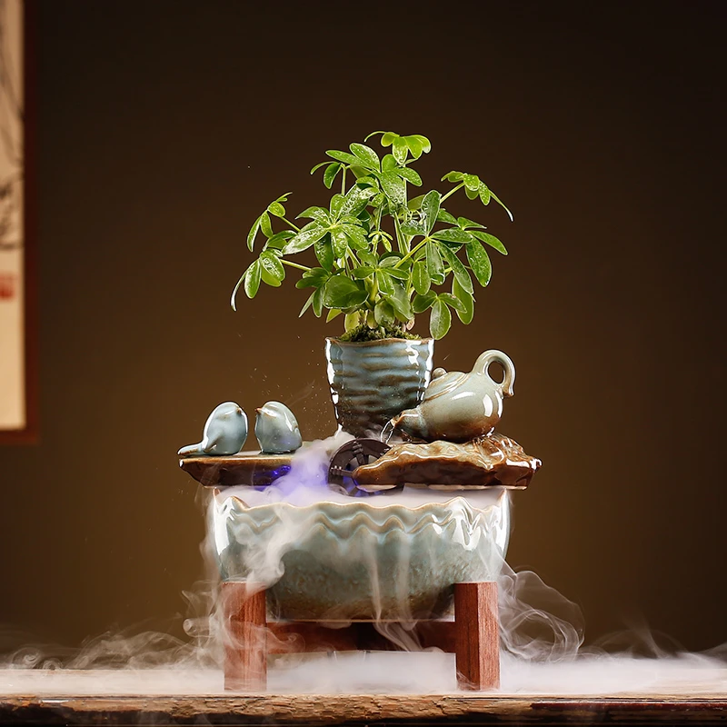 新中式招财鱼缸创意办公室客厅书房桌面陶瓷循环流水摆件乔迁礼品