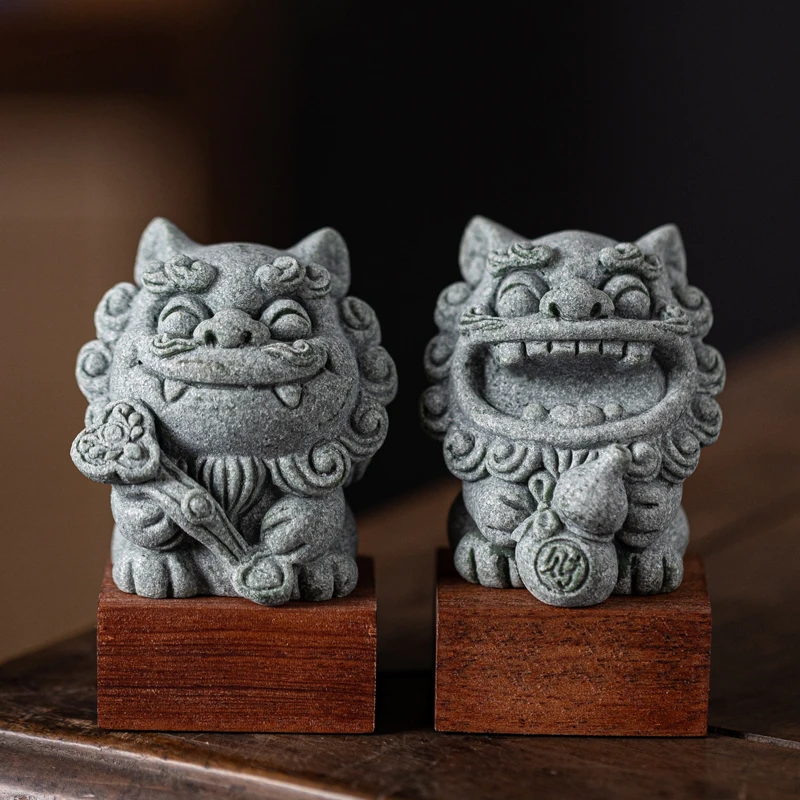 创意可爱风狮爷一对福禄茶宠摆件国潮石狮子鱼缸造景盆栽景观装饰
