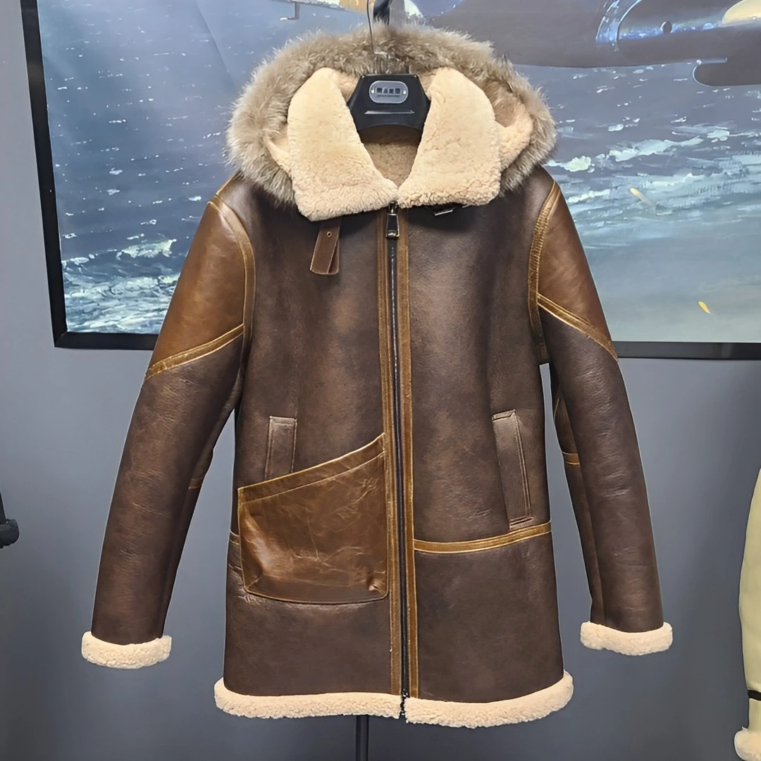 美皮超厚男士中长款羊皮毛一体保暖冬季外套可脱卸帽复古巴顿真皮