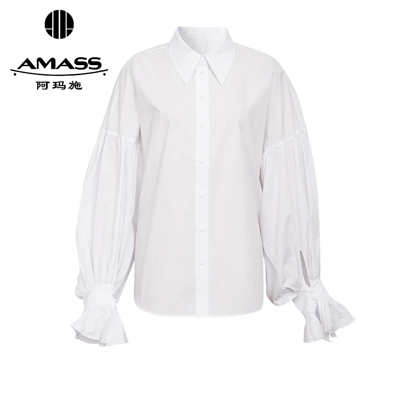 AMASS/阿玛施宫廷风纯色泡泡袖纯棉单排扣造型白衬衫女5301042