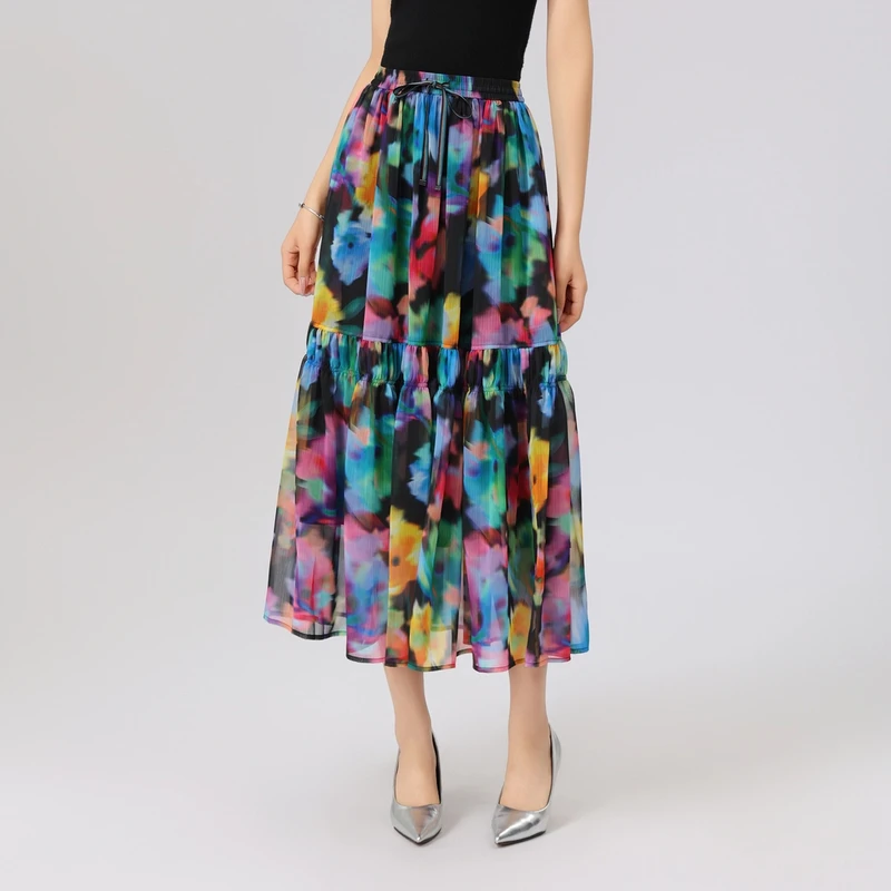 AMASS/阿玛施新款甜美百搭高腰显瘦印花绑带松紧腰半身裙5200408