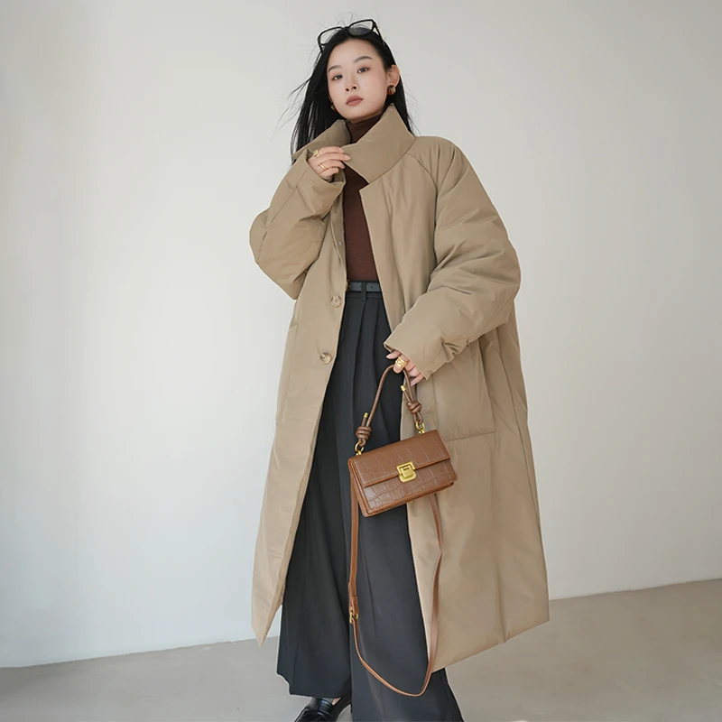 HG/时髦廓形风衣_90白鹅绒加厚羽绒服外套女长款过膝冬立翻领大衣