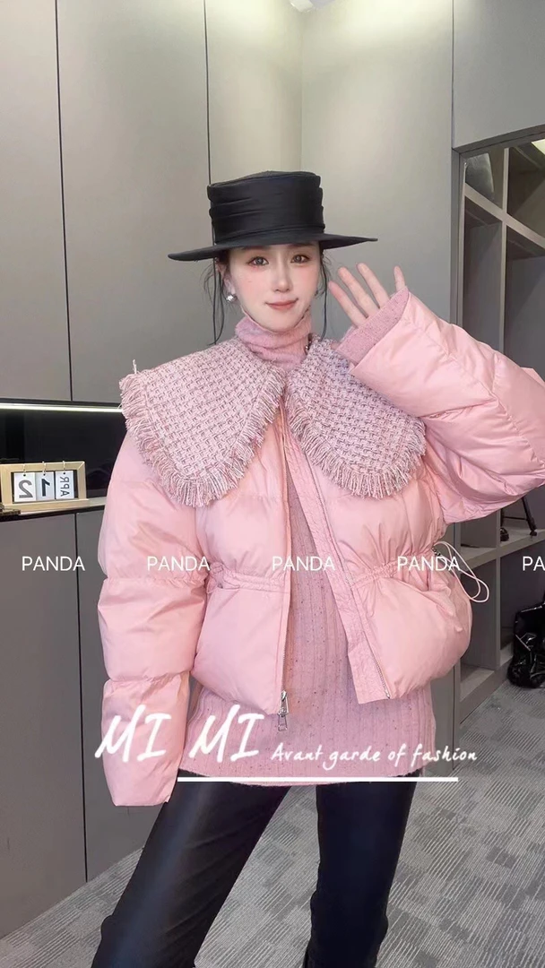 小香风编织流苏海军领羽绒服女冬季小个子短款韩系收腰