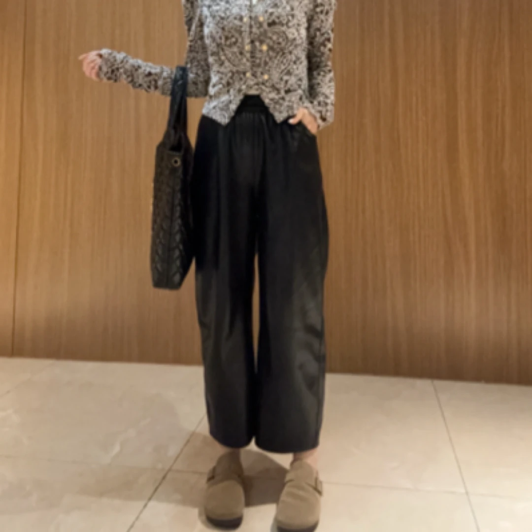 韩版时尚休闲加绒加厚宽松秋冬百搭蛋白皮水洗九分裤皮裤奶奶裤