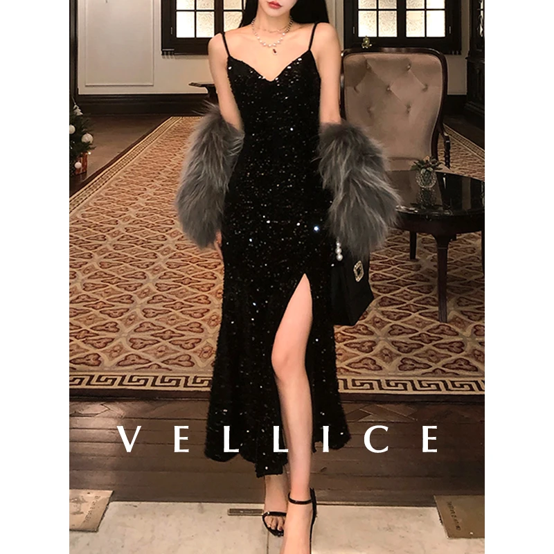 法式气质收腰显瘦开叉亮片吊带连衣裙生日年会鱼尾赫本风礼服裙秋