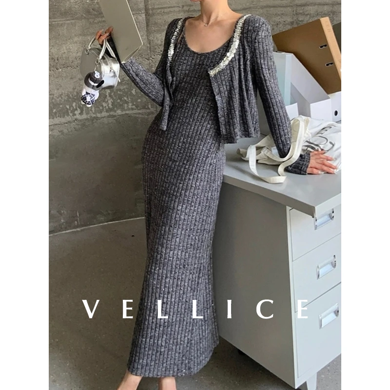 秋冬气质修身显瘦螺纹亮片针织长款吊带连衣裙开衫外套两件套