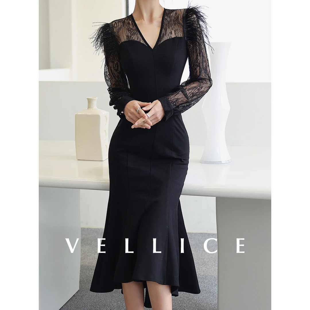 秋冬气质收腰显瘦镂空蕾丝拼接打底连衣裙赫本风小黑裙包臀鱼尾裙