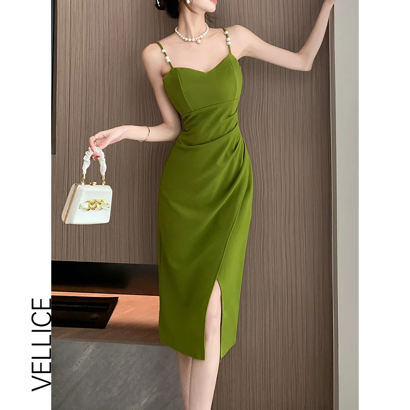 夏季气质修身显瘦无袖吊带连衣裙设计感赫本风褶皱开叉露背礼服裙