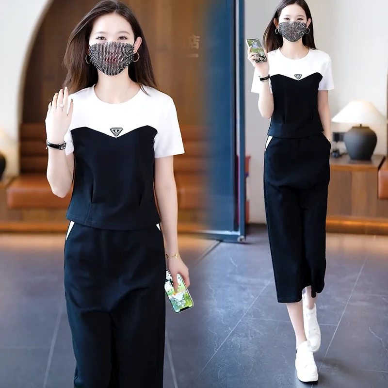 休闲连衣裙套装女2024夏季新款洋气减龄拼色短袖半身裙时尚两件套