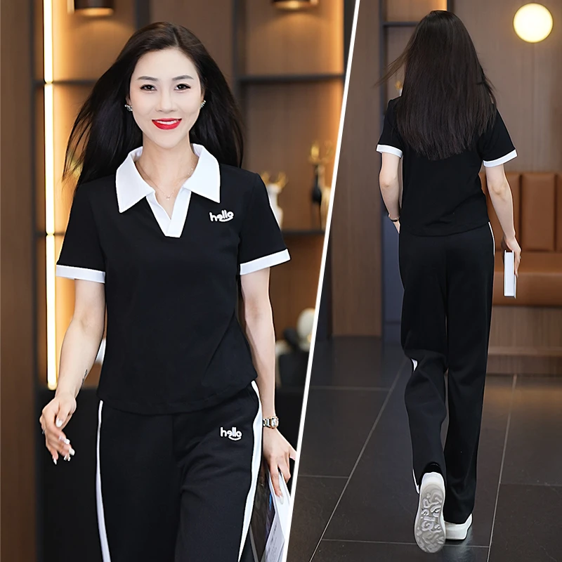 短袖休闲运动服套装女2024夏季新款洋气减龄开衫阔腿裤时尚两件套