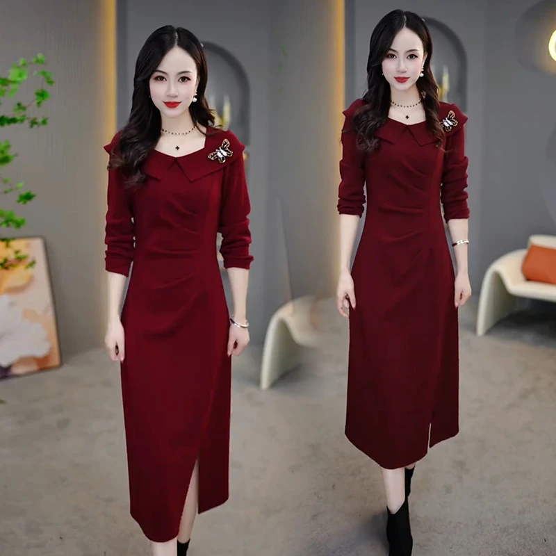 时尚长袖连衣裙女2024秋冬新款洋气质遮肚显瘦中长款开叉打底裙子