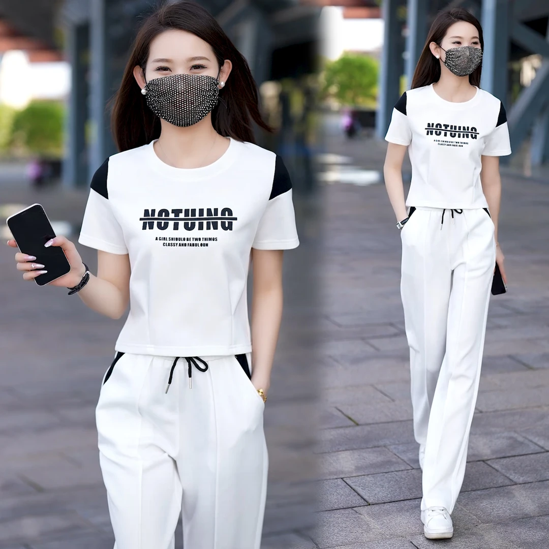 时尚休闲运动套装女夏季新款洋气减龄短袖T恤阔腿裤两件套跑步服