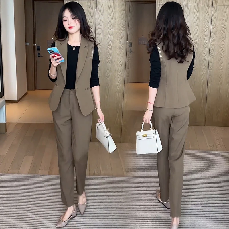 时尚职业西装套装女2024秋季新款显瘦西服马甲直筒裤气质三件套潮