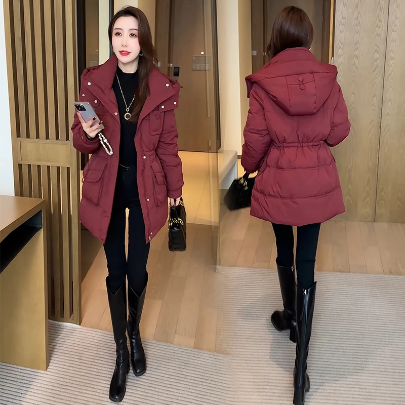 时尚洋气羽绒服女2024冬季新款收腰中长款连帽保暖加厚白鸭绒外套